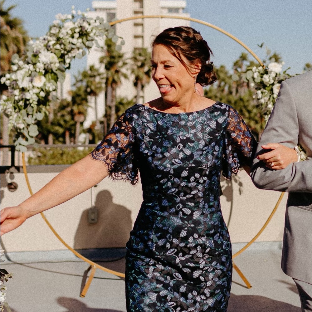 Beautiful floral lace, flutter sleeve cocktail or Mother of Bride dress.
